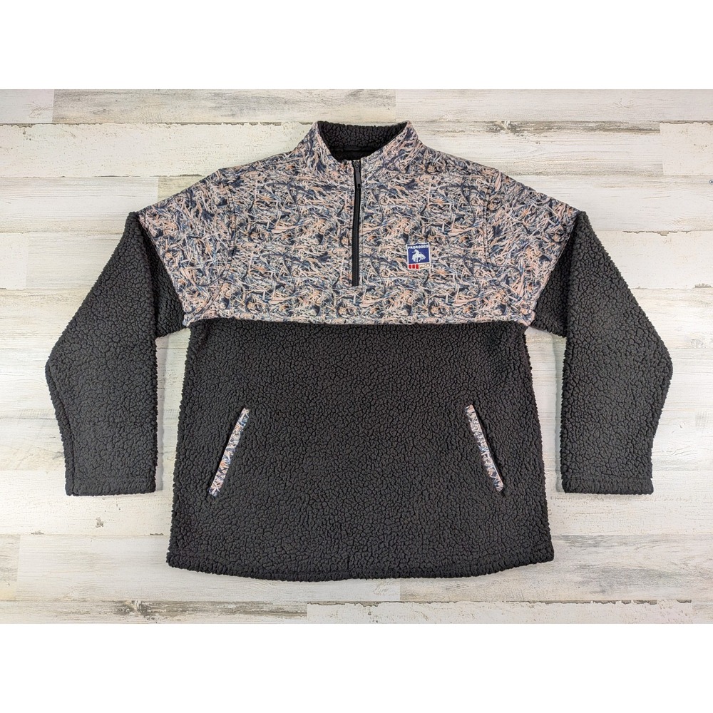 Horn Legend Mens Large Deep Pile Camo Pro Rodeo PRCA 1/4 Zip Fleece Sweater